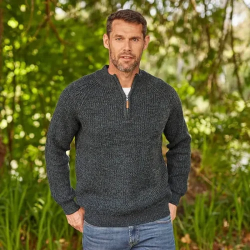 Men's Irish Aran Knit Half-zip Sweater: Killybegs Wool Blend Jumper