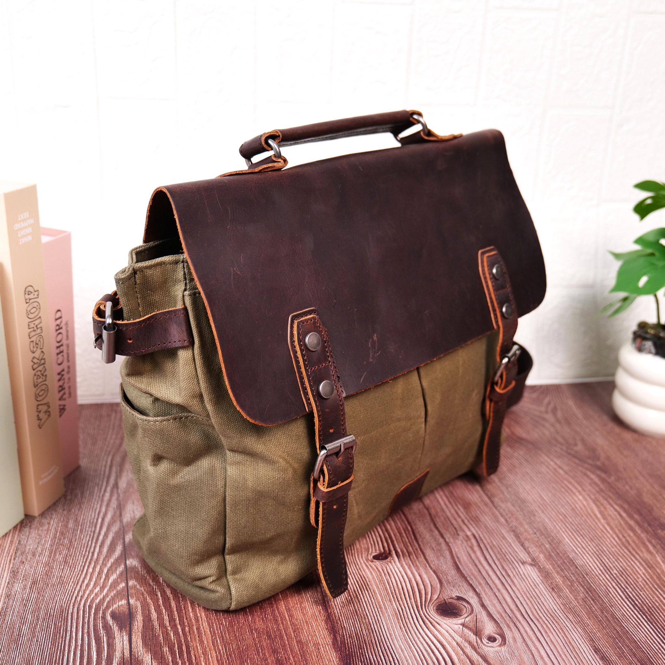 Vintage Waxed Canvas Leather Messenger Bag Retro Laptop